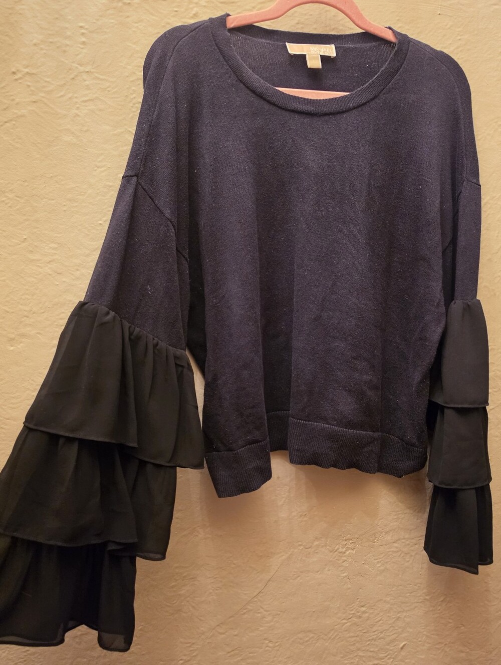 Michael Kors Dramatic Black Ruffle Sleeve Sweater Top Gold Logo Pin Size L